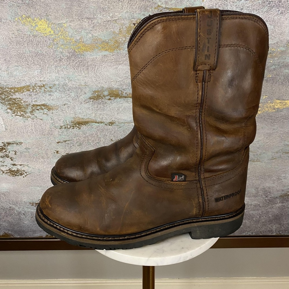 Justin Work Boots Mens Size 10 EE Brown Leather Waterproof Pull On WK4960
